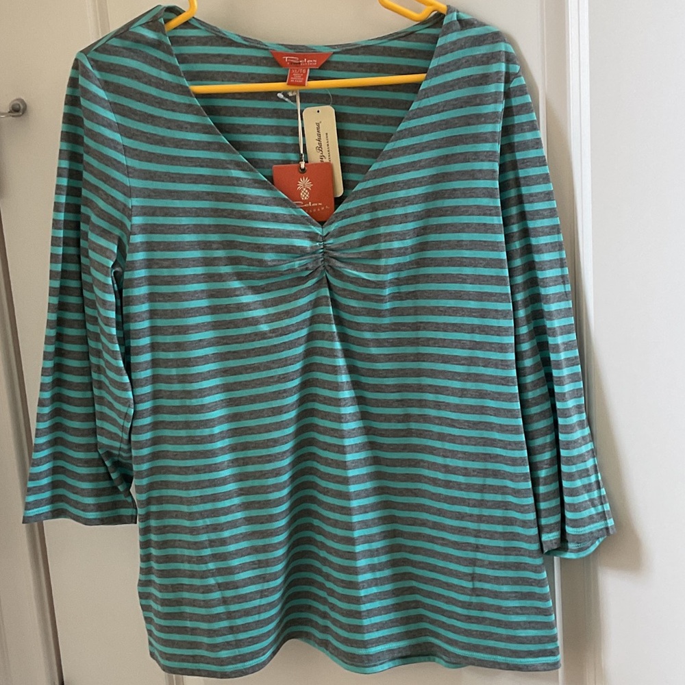 Tommy Bahama Aqua and Gray Striped 3 qtr Sleeve Top